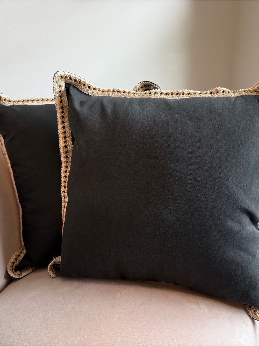 Black Decorative Outdoor Throw Pillows with Crochet Trim